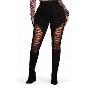 Fashion Nova All Strung Up Lace Up Skinny Jeans Black High Waist Cut Out Goth 15